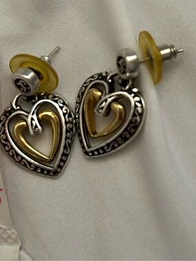 Brighton Retired Silver Gold Heart Dangle Earrings
